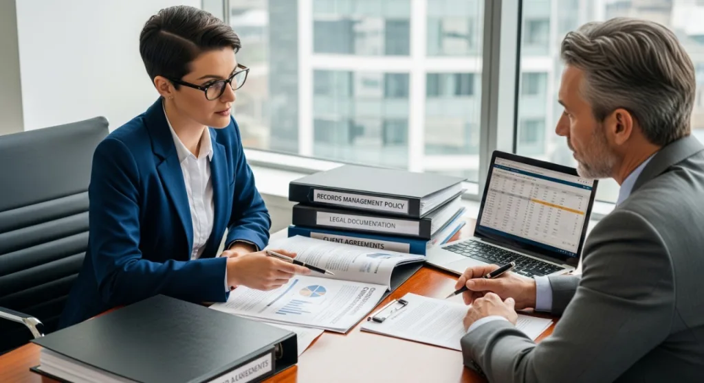 Professional business advisor reviewing company formation documents with a client during a consultation in a modern Australian corporate office.