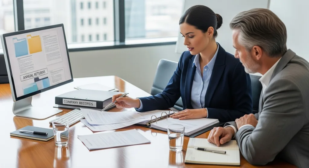 A young female financial advisor and a senior male client are reviewing documents and a computer screen in an office. The advisor points to a paper document while the computer monitor displays a JOURNAL REPORT.