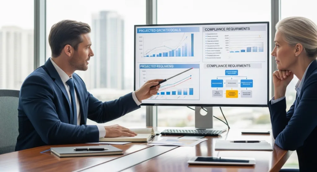 A man in a suit points to a data-filled monitor while a woman listens attentively during a business meeting. The monitor displays various charts and graphs, suggesting a presentation on business goals and compliance.
