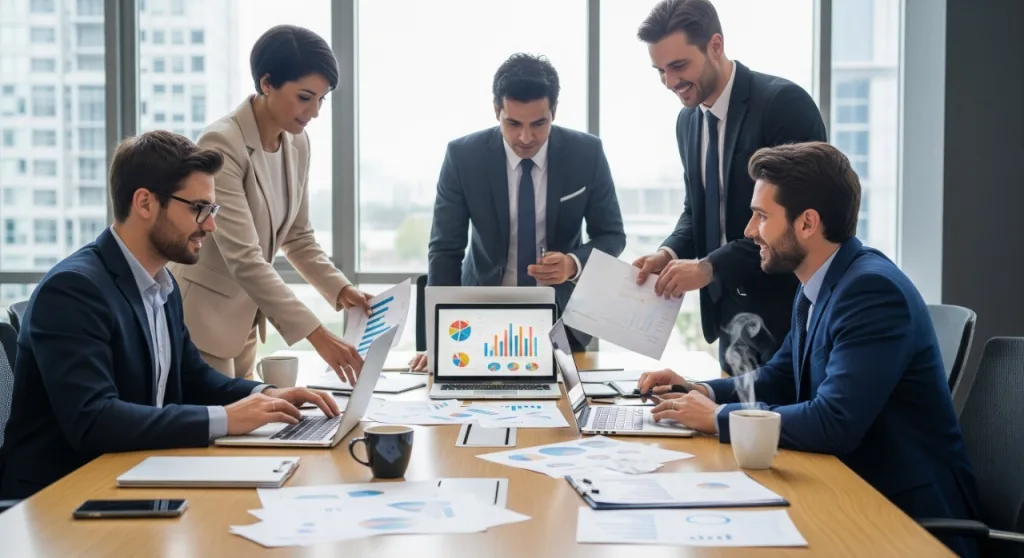 Australian corporate team analysing financial data and performance charts during a business meeting in a high-rise office.