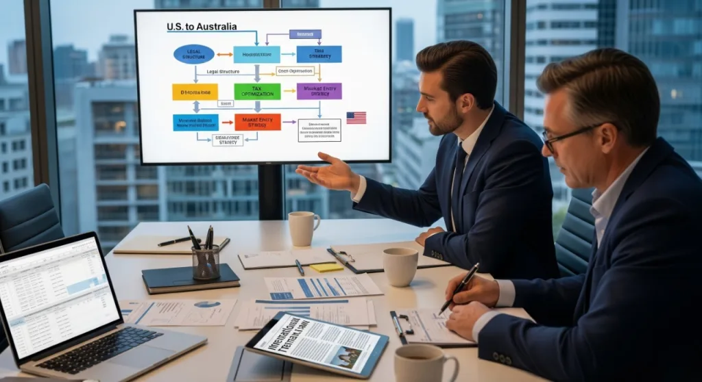 Two US-based business professionals reviewing an international expansion flowchart for establishing operations in Australia during a strategy meeting.