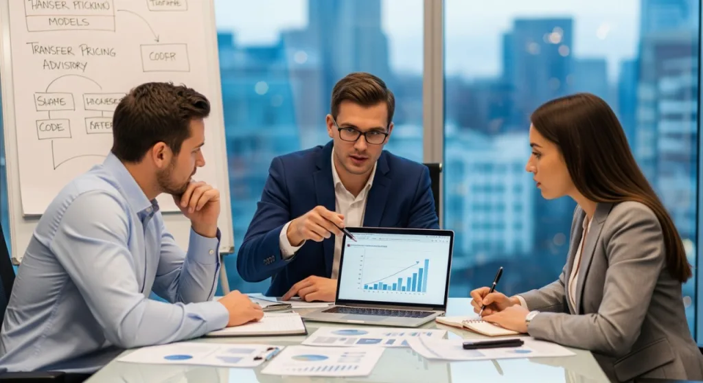 Team of financial advisors in a business meeting discussing transfer pricing strategy with charts and laptop data.