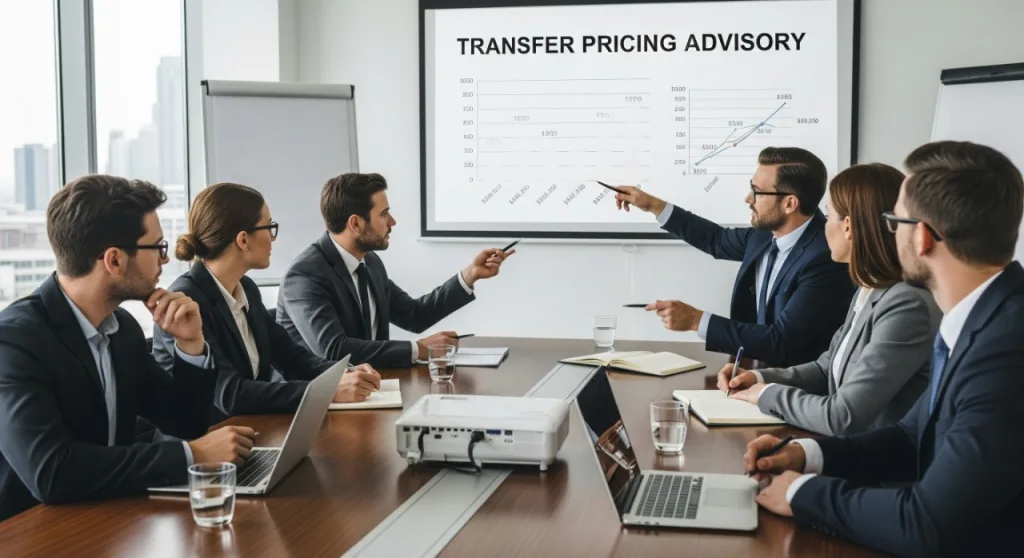 Business professionals in a corporate meeting discussing transfer pricing advisory strategies with a presentation screen, US location.