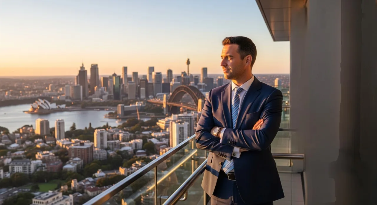 A confident businessman in a suit stands on a balcony, arms crossed, overlooking the stunning Sydney skyline at sunset.