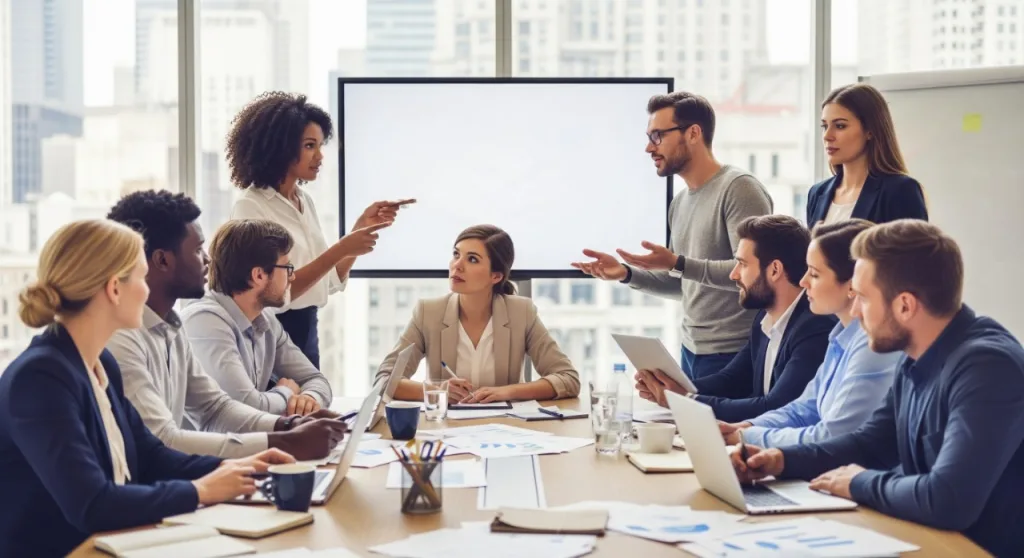 Diverse business professionals discussing the setup of a company in Australia during a meeting in a modern conference room.
