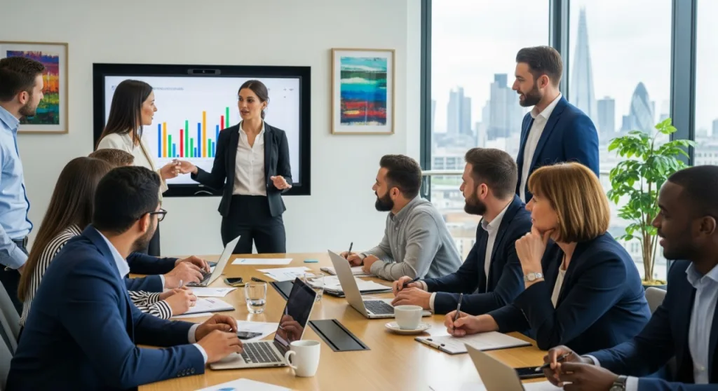 A business woman presents a bar chart on a large screen to a diverse group of colleagues in a conference room, illustrating a strategy for setting up a subsidiary company in Australia.