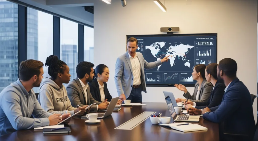 Business professionals discussing international expansion strategy during a boardroom meeting, with a focus on setting up a subsidiary company in Australia.