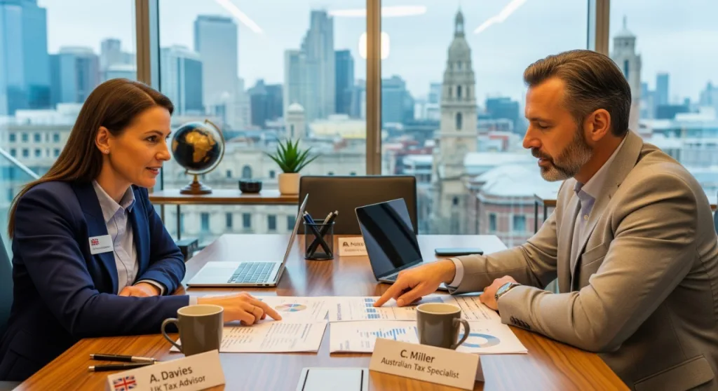 Business professionals in the UK discussing financial strategies, symbolising why international tax advisory matters for UK–Australia expansion.