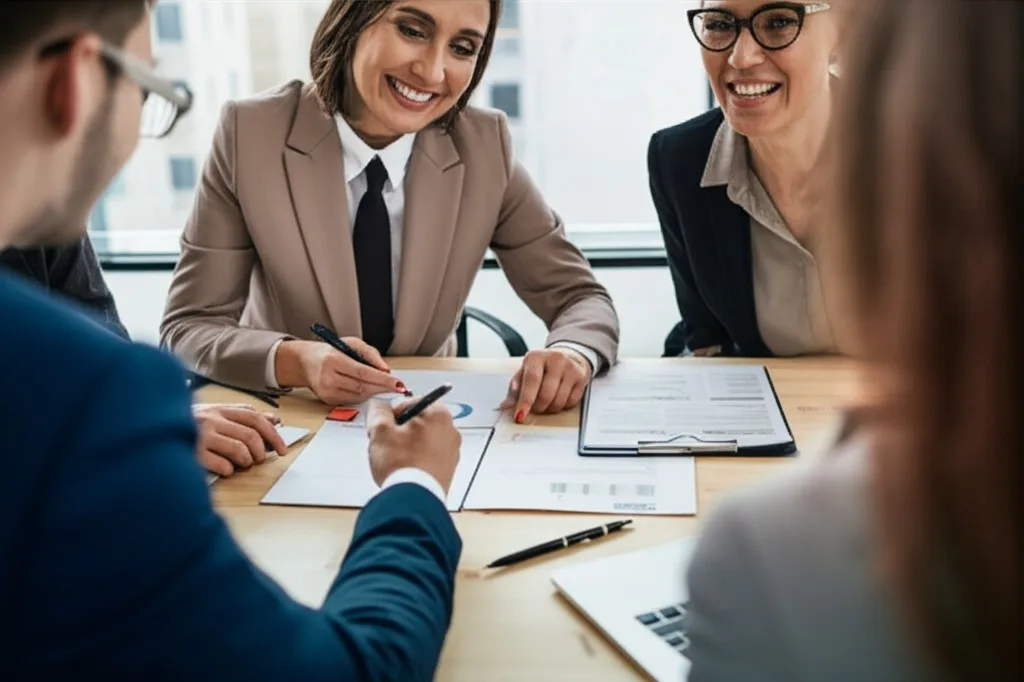 Business professionals discussing financial strategies during an international tax advisory meeting for US-Australia business expansion.