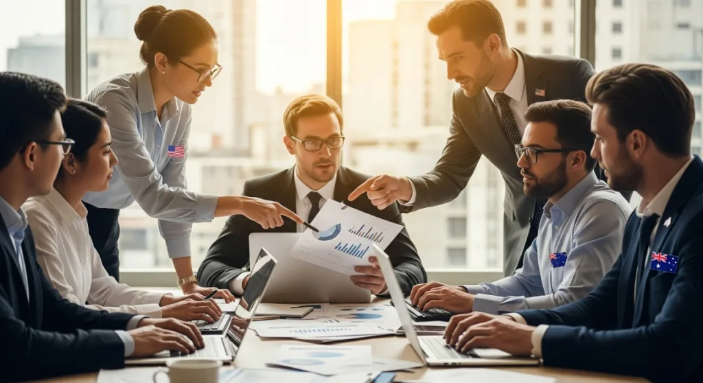 Business meeting with professionals reviewing financial reports — Why US businesses need an Australian resident director