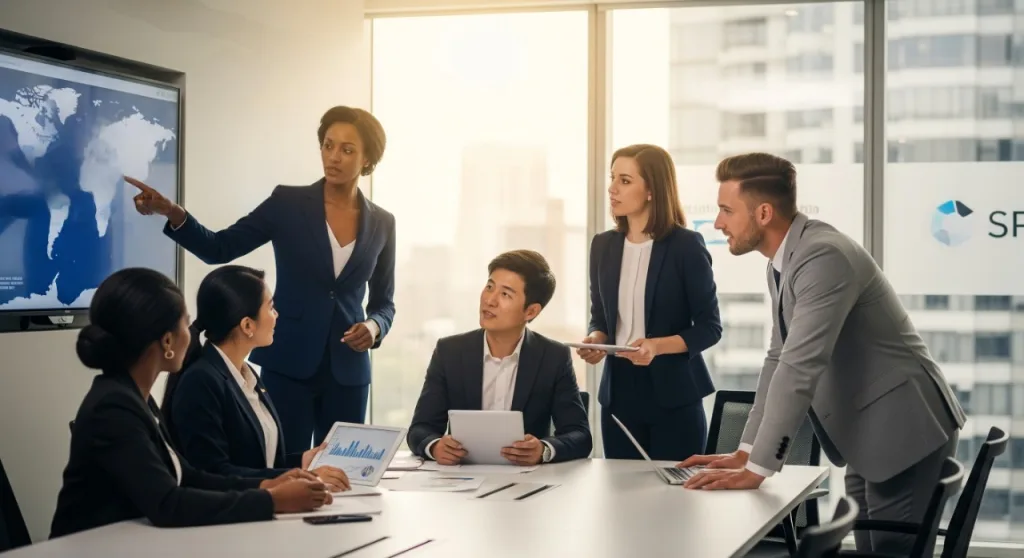 Diverse team of professionals in a modern Australian office discussing global market strategy, with a presenter pointing to a world map on a digital screen during a business meeting.