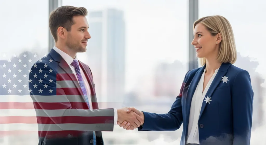 Two business professionals shaking hands in an office setting, symbolizing a partnership between the United States and Australia, with blended American and Australian flag overlays.