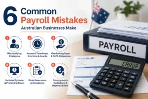 Common payroll mistakes Australia businesses make illustrated with payroll documents, calculator, payslip, and payroll compliance icons.