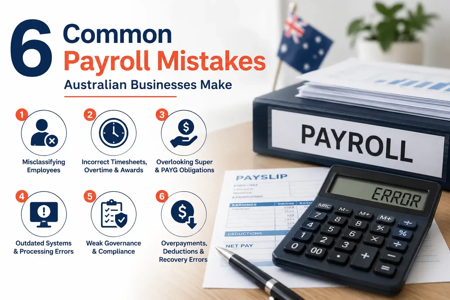 Common payroll mistakes Australia businesses make illustrated with payroll documents, calculator, payslip, and payroll compliance icons.
