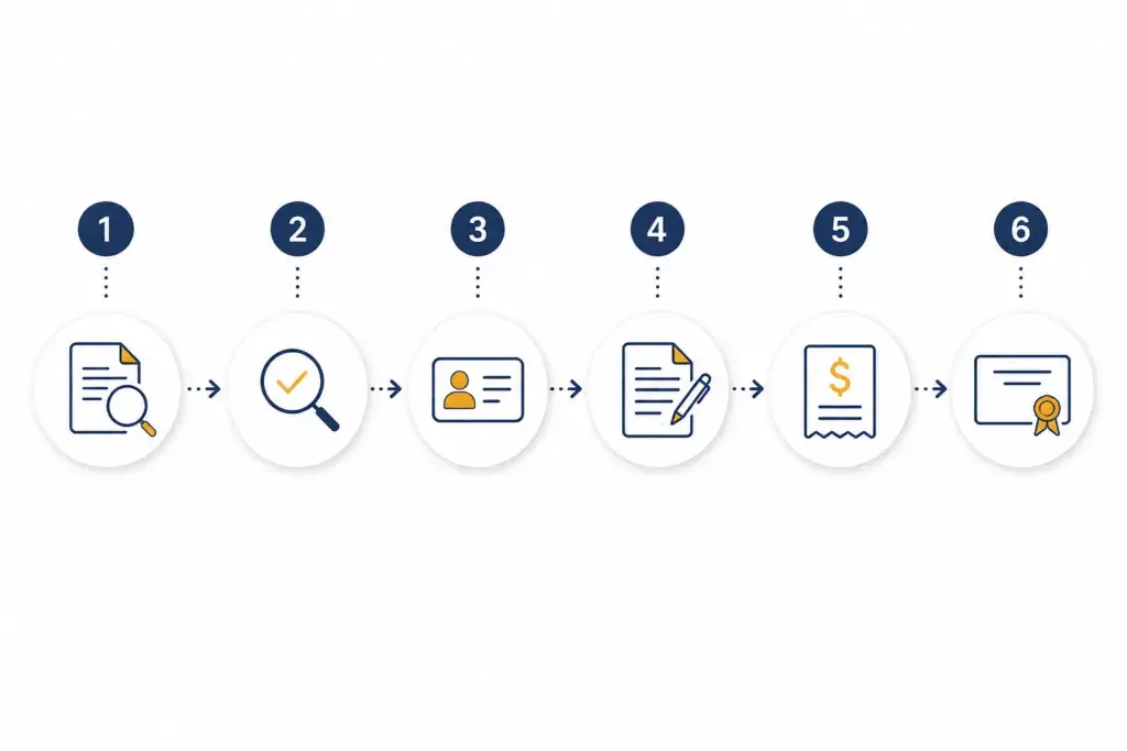 infographic modern flat-vector workflow with six numbered steps explaning Australia business name Registration 6 steps